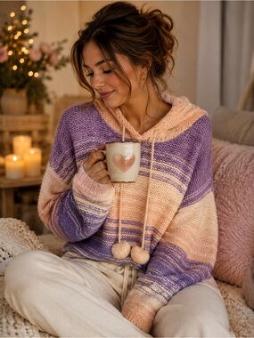 Cupcake Clothing Ltd. - Cozy Striped Hooded Knit Sweater - Purple & Peach